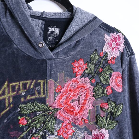 AFFLICTION Hysteria Graphic Hoodie Pullover Acid Black Embroidered Women's L - Picture 3 of 9